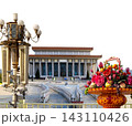 Mausoleum of Mao Zedong with street lamp and huge flower basket (carved, on white background), Tiananmen Square, Beijing, China 143110426