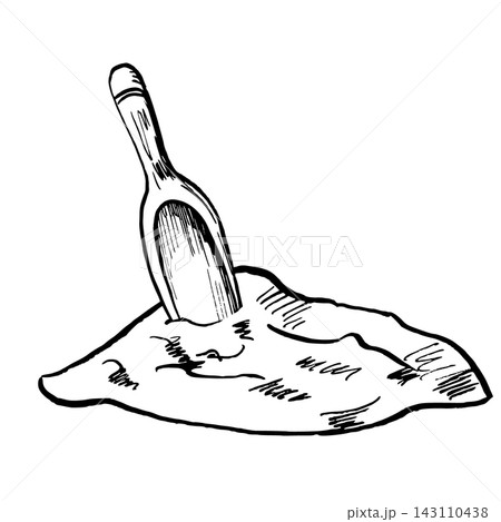 Vector illustration of a wooden spoon in a mound of flour. Suitable for: bakeries, cooking schools, restaurants, delivery services, agritourism, catering, and the production of convenience foods. Vector illustration of a wooden spoon in a mound of flour. Suitable for: bakeries, cooking schools, restaurants, delivery services, agritourism, catering, and the production of convenience foods. 143110438