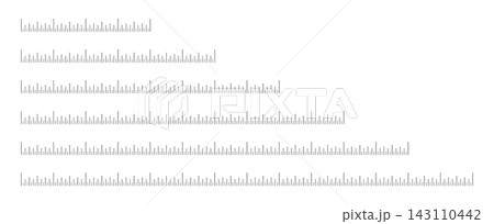 Set of Measuring black charts 4, 6, 8, 10, 12, 14 inches layouts. Ruler scales four, six, eight, ten, twelve, fourteen templates. Sewing tool flat icons. Length measurement math, distance, height. 143110442