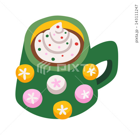 Cocoa Mug With Whipped Cream And Cookies Cartoon 143111247