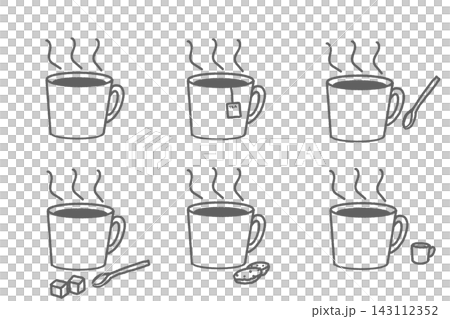 温かい飲み物とマグカップの線画イラスト6点セット 143112352