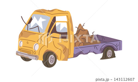Truck Scrap Hauling Wrecked Cartoon Style 143112607