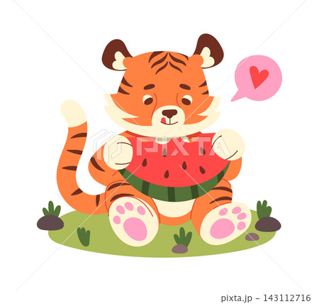 Tiger Eating Watermelon Picnic Cartoon 143112716