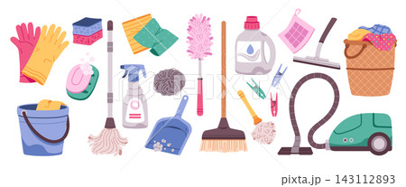 Cleaning Supplies Set Household Tools Cartoon Style 143112893