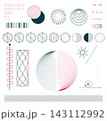 Minimal geometric elements with circular patterns, measurement lines and analytical diagrams 143112992