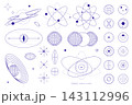 Collection of abstract orbital symbols, geometric spheres and scientific construction elements. 143112996