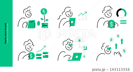Digital asset growth and investment concepts. Doodle line characters managing dollar money, server plant growth, security cloud computing, and profit chart. 143113358