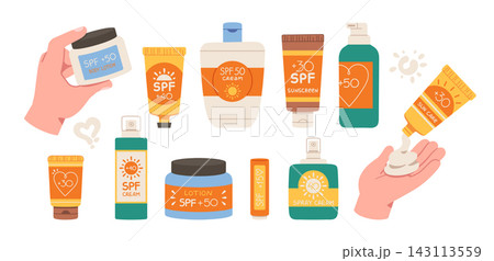Sunscreen Bottles Collection With Hands Cartoon Sunscreen Bottles Collection With Hands Cartoon 143113559
