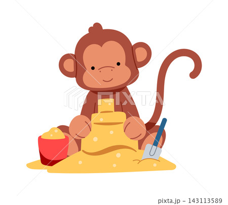 Monkey Building Sandcastle Beach Cartoon 143113589