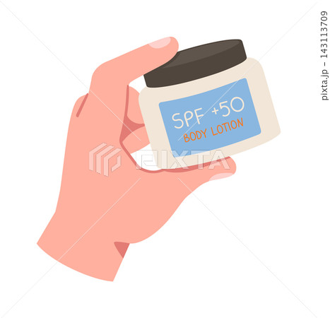 Sunscreen Hand Holding SPF Lotion Jar Cartoon Sunscreen Hand Holding SPF Lotion Jar Cartoon 143113709