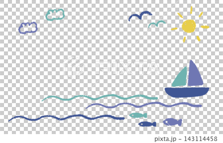 かわいい手描きのヨットと海辺のイラストフレーム 143114458