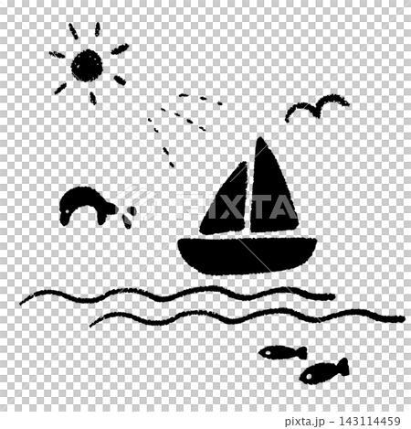 かわいい手描きのヨットとイルカのいる海のイラストセット 143114459