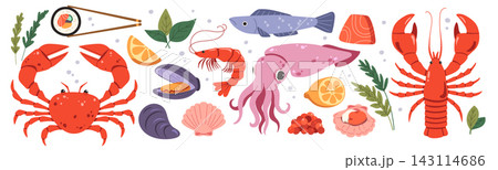 Seafood Collection With Crab Shrimp And Lobster Cartoon Seafood Collection With Crab Shrimp And Lobster Cartoon 143114686