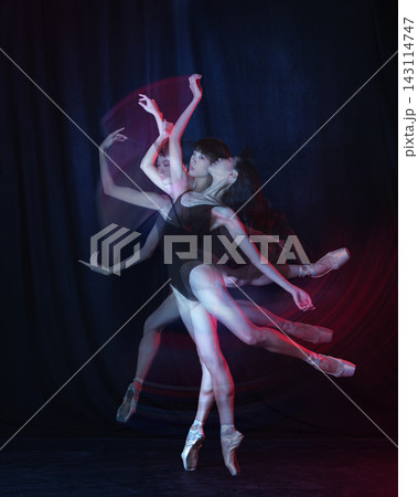 Ballet dancer with multiple exposure movement on dark stage. Ballet dancer with multiple exposure movement on dark stage. 143114747