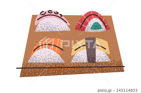 Sushi Assortment On Wooden Board Cartoon Sushi Assortment On Wooden Board Cartoon 143114833