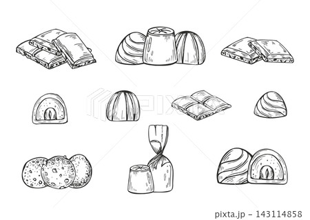 Chocolate treats set hand drawn line art black ink sketch. Monochrome bars, truffles, pralines, and candies vector illustration. Sweets clip art for confectionery packaging, menu design 143114858