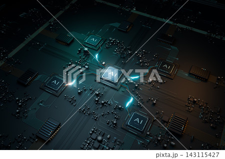 AI chips connecting on a circuit board. 3d render 143115427