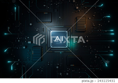 AI neural engine chip processing data on circuit board. 3d render 143115431