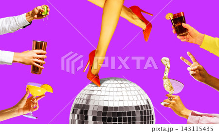 Red high heels balancing on disco ball with cocktails on vibrant purple background. 143115435