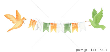 Festive bunting garland in orange, white, green colors, held by two flying doves. Irish or Indian waving triangular flags on string watercolor illustration. Patriotic design for national celebration Festive bunting garland in orange, white, green colors, held by two flying doves. Irish or Indian waving triangular flags on string watercolor illustration. Patriotic design for national celebration 143115694