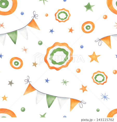 Festive bunting garlands, stars, confetti in orange, white, green, and blue colors: watercolor seamless pattern. Ornate in national Indian and Ireland colors. Illustration for holiday party design Festive bunting garlands, stars, confetti in orange, white, green, and blue colors: watercolor seamless pattern. Ornate in national Indian and Ireland colors. Illustration for holiday party design 143115702