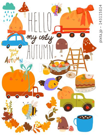 Cartoon Set With Cars, Pumpkins and Autumn Elements. Autumn Time Cartoon Set With Cars, Pumpkins and Autumn Elements. Autumn Time 143115814