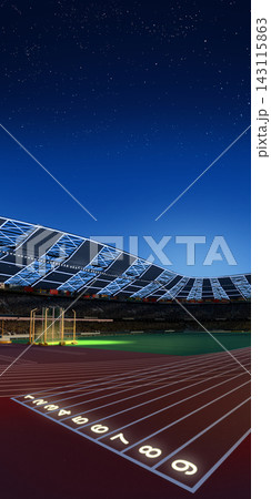 Athletics 3D stadium running track under starry night sky with illuminated arena. Athletics 3D stadium running track under starry night sky with illuminated arena. 143115863
