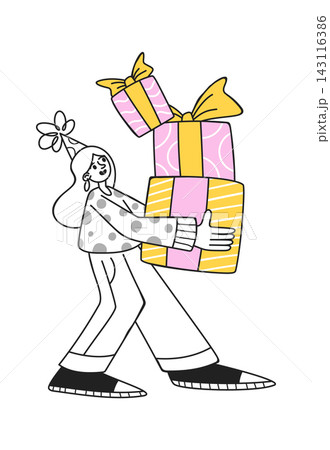 Woman Carrying Gift Boxes Cartoon Woman Carrying Gift Boxes Cartoon 143116386