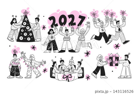 People Celebrating New Year Party Line Art People Celebrating New Year Party Line Art 143116526
