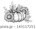 Autumn composition featuring fall leaves, rowan berries, sunflower and pumpkin. Hand-drawn botanical vector illustration. Black graphic style. Art for Thanksgiving invitations, packaging. 143117251
