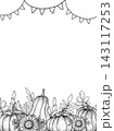Vertical autumn frame featuring autumn leaves, rowan berry, rose hips, sunflower and pumpkin, garland. Hand-drawn botanical vector illustration. Black graphic style. Art for Thanksgiving invitations. 143117253
