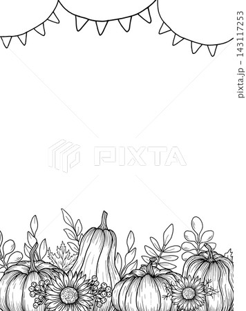 Vertical autumn frame featuring autumn leaves, rowan berry, rose hips, sunflower and pumpkin, garland. Hand-drawn botanical vector illustration. Black graphic style. Art for Thanksgiving invitations. 143117253