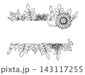 Horizontal frame of autumn leaves with rowan berry, rose hip, sunflower and garland. Hand-drawn vector illustration. For invitations, Thanksgiving quotes, harvest celebrations. Black graphics. 143117255