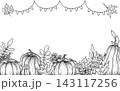 Horizontal frame with pumpkin, autumn leave, rowan berry, rose hip, and mushroom, garland. Hand-drawn botanical vector illustration. Black graphics. Suitable for invitations, quotes and Thanksgiving. 143117256