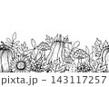 Seamless horizontal border with autumn leave, rowan berry, rose hip, mushroom, sunflower, pumpkin. Hand-drawn botanical vector illustration. Black graphic style. Banner for invitations, Thanksgiving. 143117257