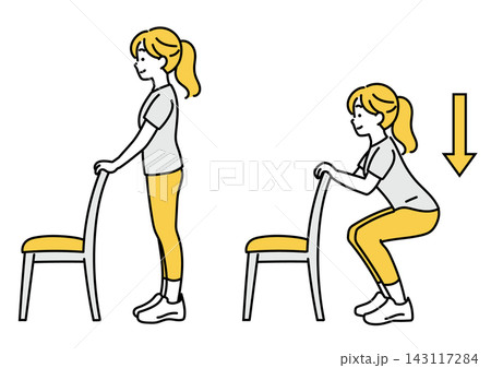 スクワット運動をする若い女性のイラスト スクワット運動をする若い女性のイラスト 143117284