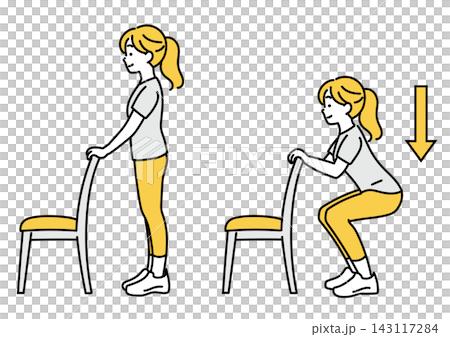 スクワット運動をする若い女性のイラスト スクワット運動をする若い女性のイラスト 143117284