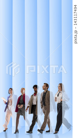 Diverse business professionals walking through recruitment pipeline representing modern hiring process Diverse business professionals walking through recruitment pipeline representing modern hiring process 143117494