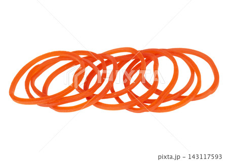 A pile of red rubber bands isolated on white background 143117593