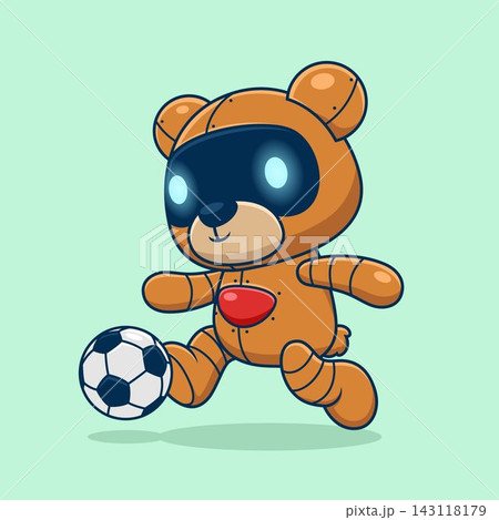 Cartoon cute bear robot playing soccer, vector icon illustration Cartoon cute bear robot playing soccer, vector icon illustration 143118179