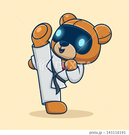 Cartoon cute bear robot in martial arts costume kicking, vector icon illustration Cartoon cute bear robot in martial arts costume kicking, vector icon illustration 143118191