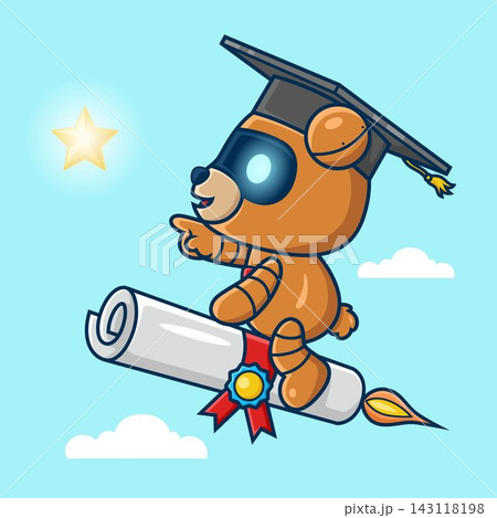 Cartoon bear robot with graduation hat flying on diploma to reach star, vector icon illustration Cartoon bear robot with graduation hat flying on diploma to reach star, vector icon illustration 143118198