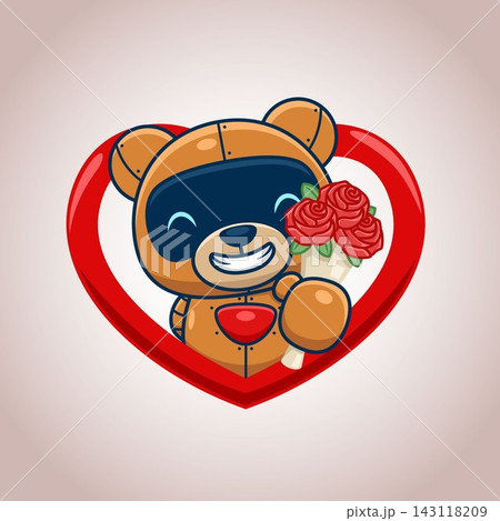 Cartoon cute bear robot holding roses with love symbol, vector icon illustration 143118209