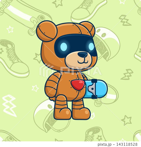 Cute bear robot skateboarding on seamless pattern skateboard element background. Vector cartoon illustration 143118528