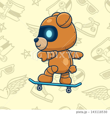 Cute bear robot skateboarding on seamless pattern skateboard element background. Vector cartoon illustration 143118530