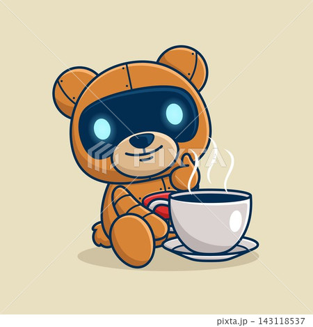 Cute bear robot with coffee cup. Vector cartoon illustration Cute bear robot with coffee cup. Vector cartoon illustration 143118537