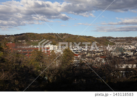 Panoramic View of Japanese Town with Hills, Cloudy Sky 143118583
