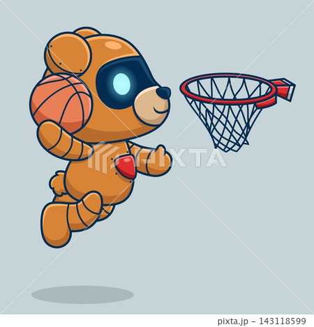 Cute bear robot playing basketball. Cartoon vector icon illustration Cute bear robot playing basketball. Cartoon vector icon illustration 143118599