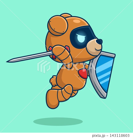 Cute bear robot with shield and sword. Cartoon vector icon illustration 143118603