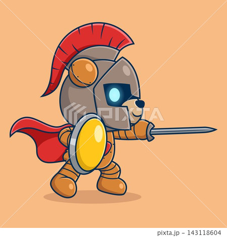 Cute bear robot in spartan warrior costume with sword and shield. Cartoon vector icon illustration Cute bear robot in spartan warrior costume with sword and shield. Cartoon vector icon illustration 143118604